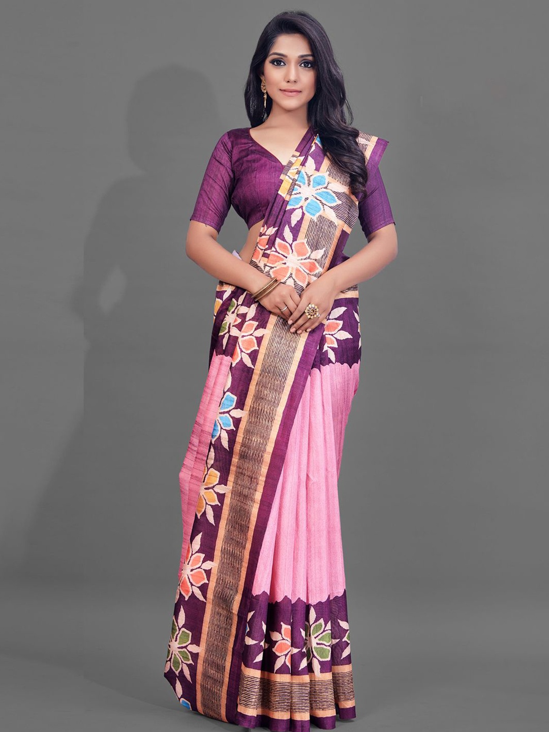 

Mitera Floral Silk Blend Baluchari Saree, Pink