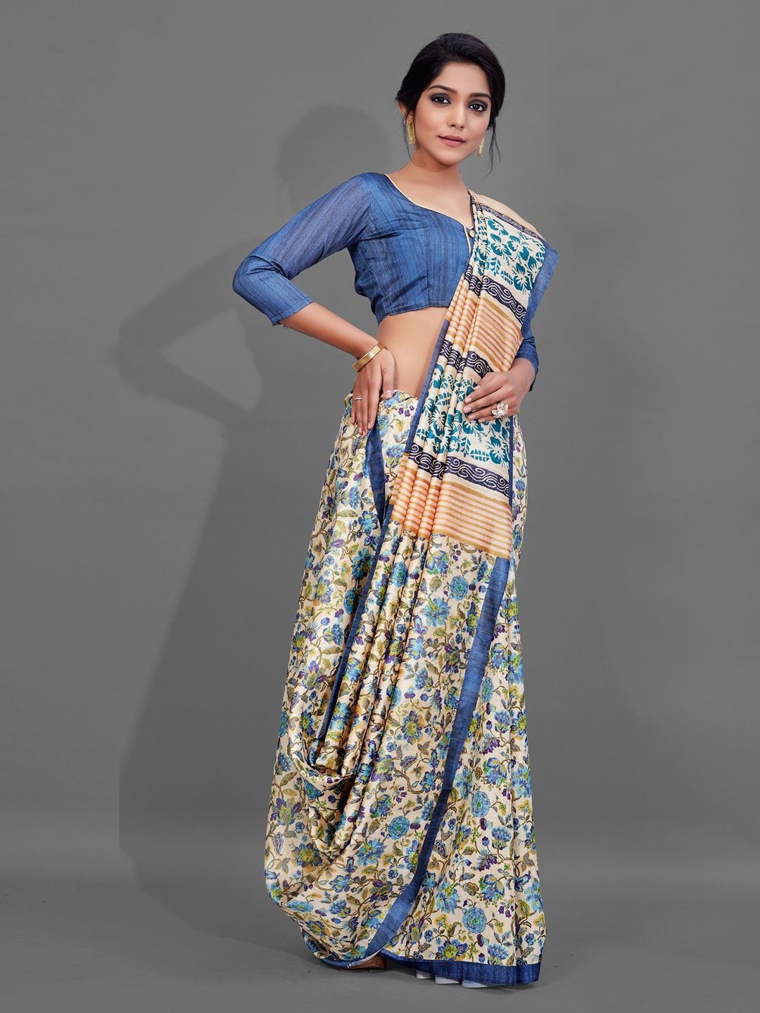 

Mitera Kalamkari Silk Blend Baluchari Saree, Cream