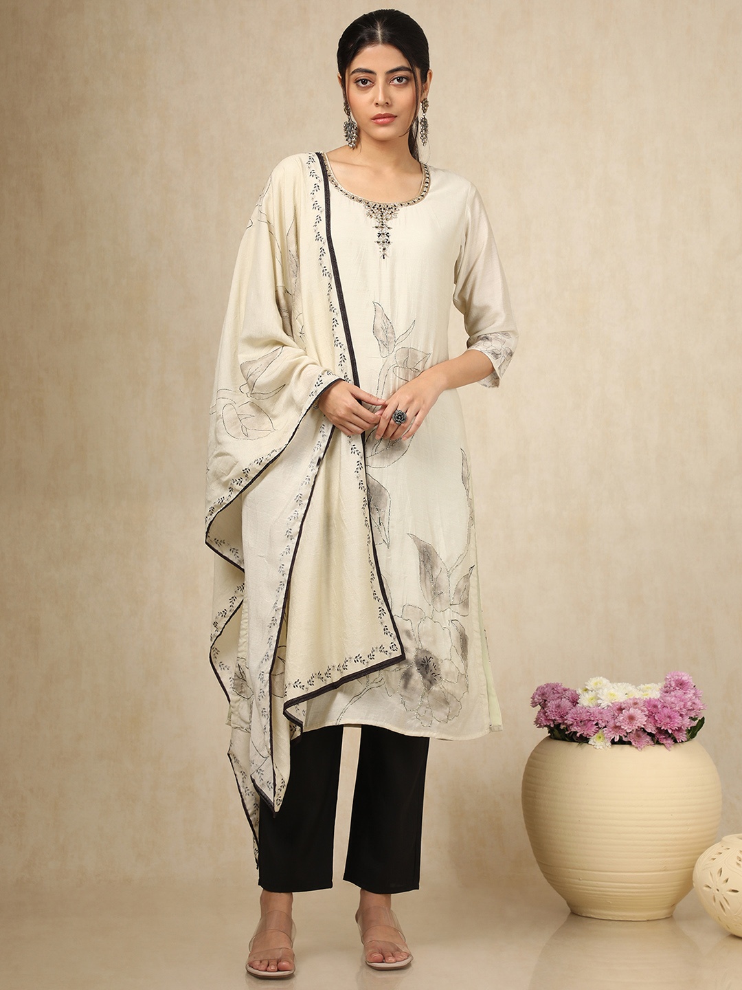 

Soch Women Floral Embroidered Regular Mirror Work Kurta with Trousers & With Dupatta, Beige