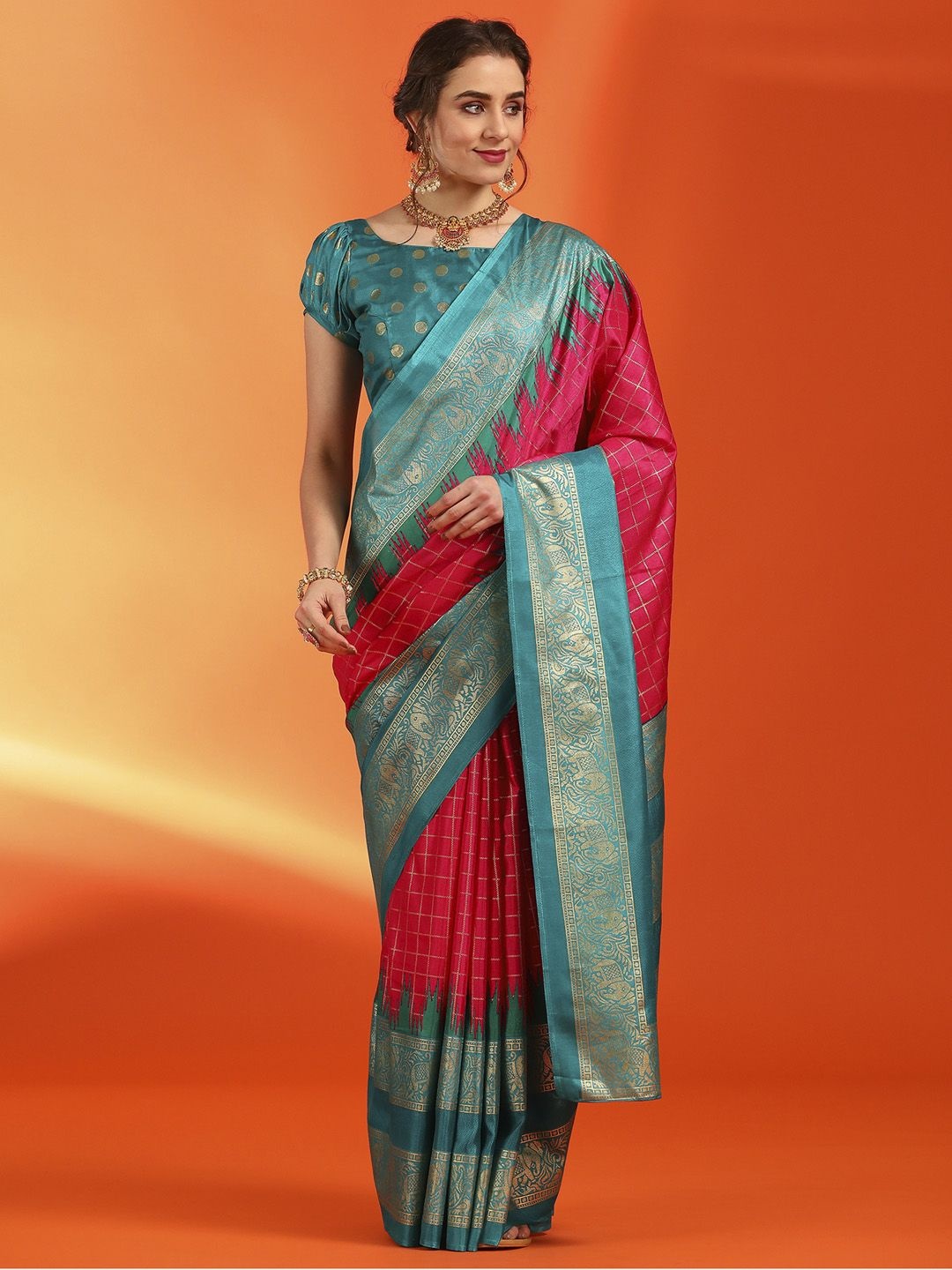

Mitera Checked Zari Silk Blend Pochampally Saree, Pink