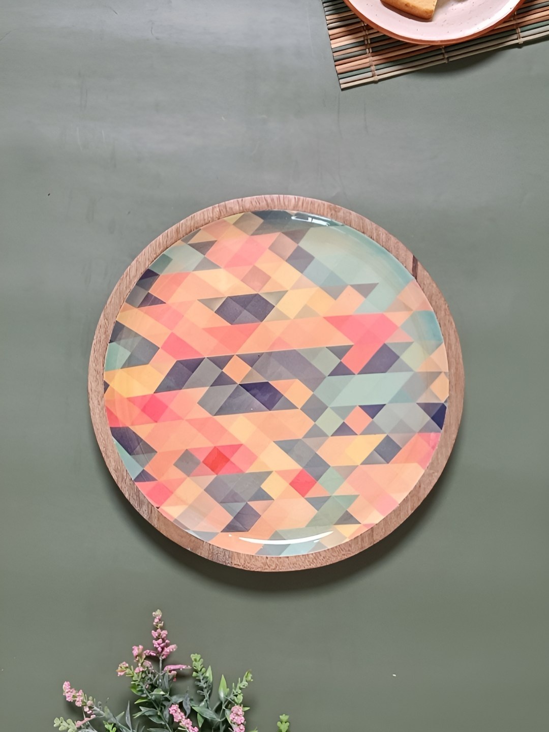 

Myntra Elegant Homes Pink & Blue Wooden Hand-Painted Food Platter