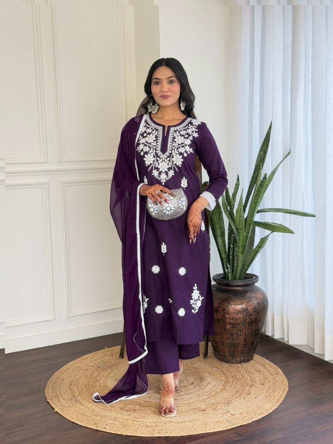 

KALINI Women Floral Embroidered Regular Thread Work Kurta with Trousers & With Dupatta, Violet