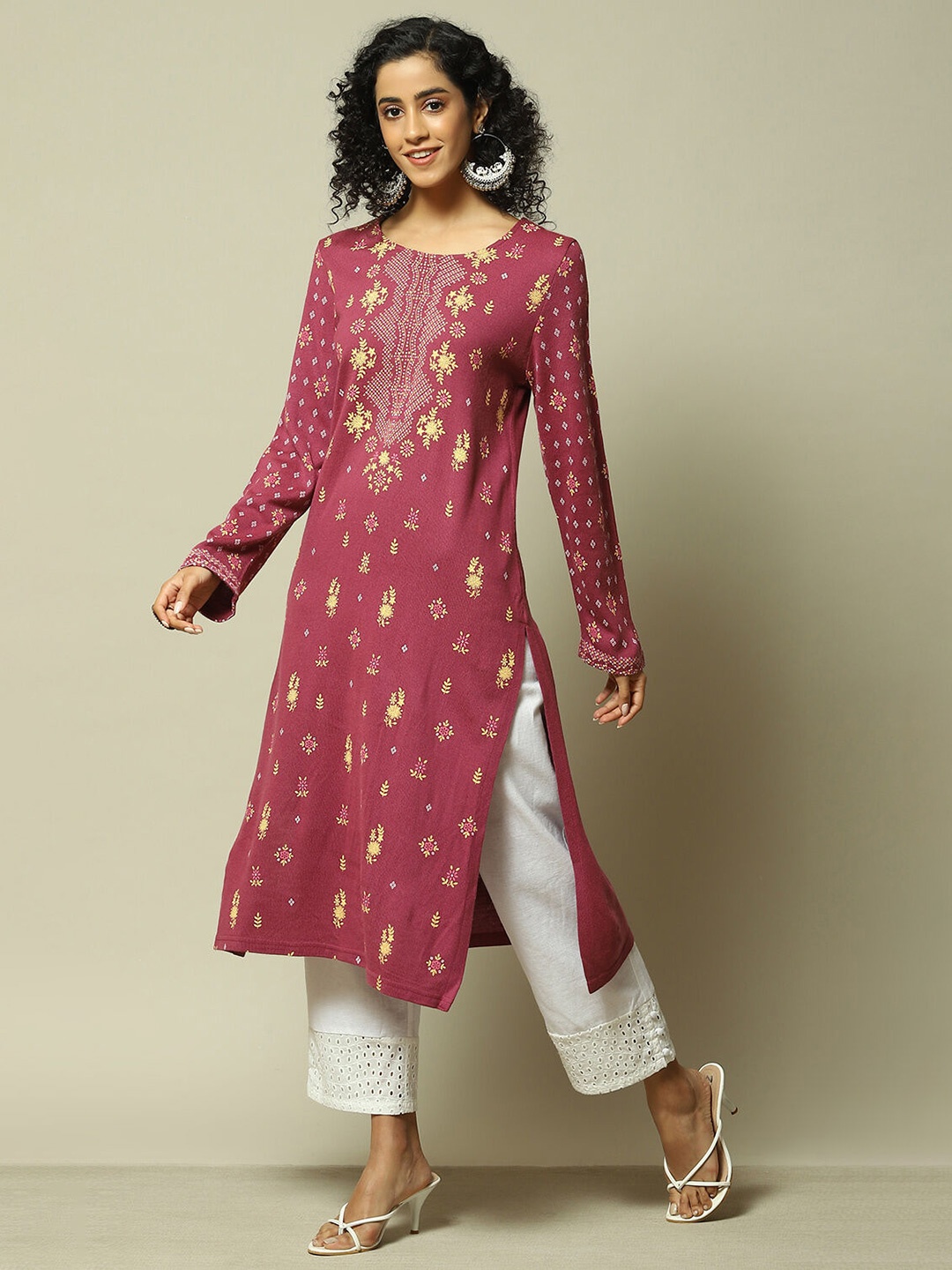 

Rangriti Floral Printed Boat Neck Straight Kurta, Pink