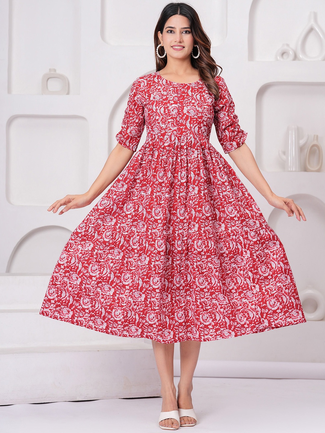 

CELEBRAVO Floral Printed Cotton Tiered Ethnic Dress, Maroon