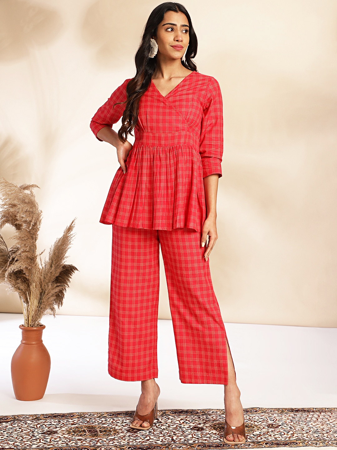 

KALINI Checked V-Neck Pure Cotton Peplum Top & Trouser, Red