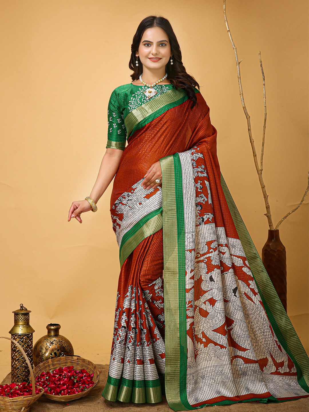 

HI FI NX Floral Pure Cotton Handloom Kanjeevaram Saree, Rust