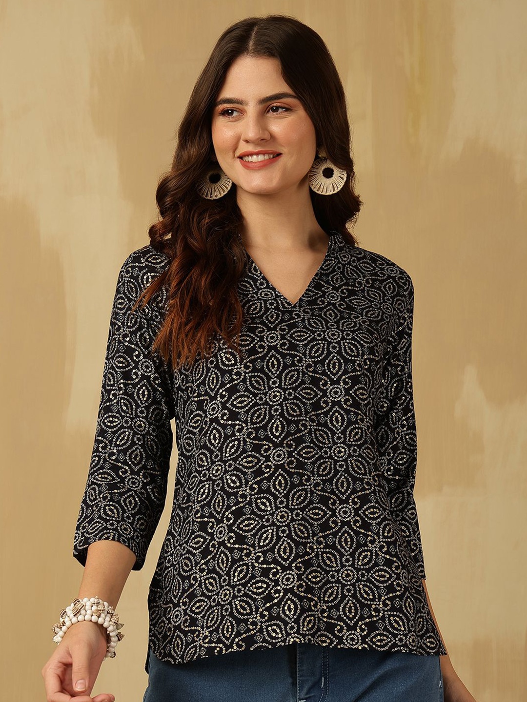 

Anouk Rustic Floral Print Mandarin Collar Top, Black