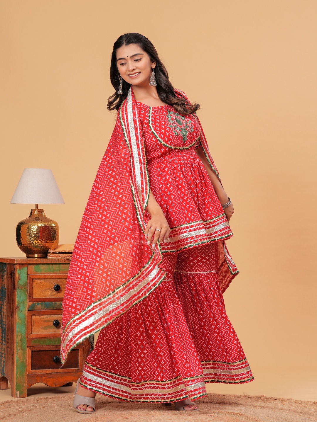 

PINGAKSH Women Floral Embroidered Pleated Pure Cotton Kurta with Sharara & With Dupatta, Red