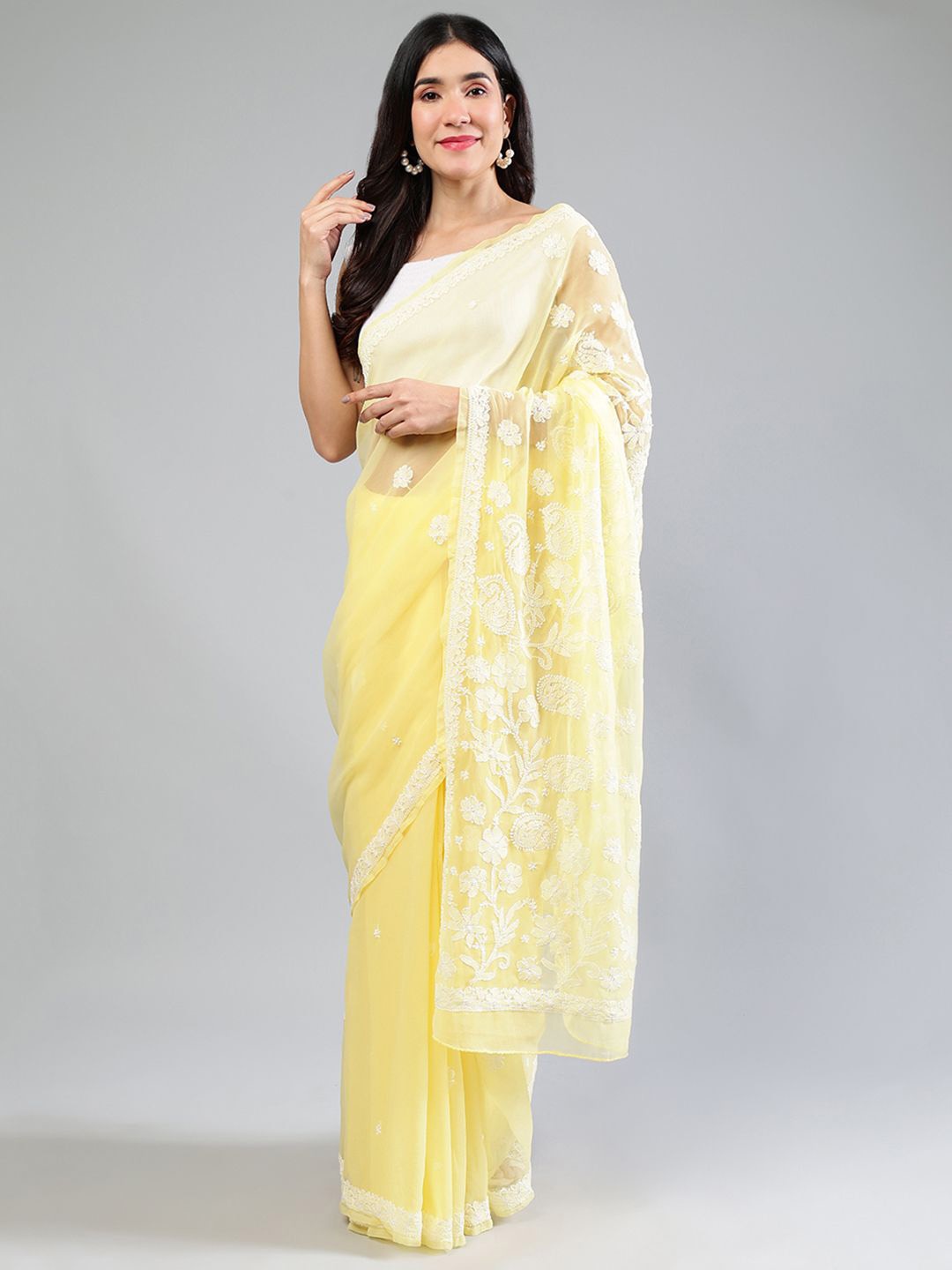 

Seva Chikan Ethnic Motifs Embroidered Poly Georgette Saree, Yellow