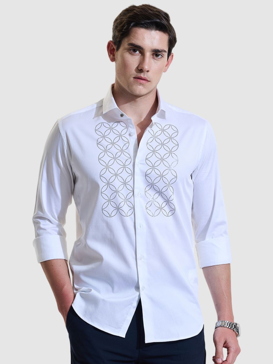 

Snitch Men Smart Slim Fit Opaque Printed Casual Shirt, White