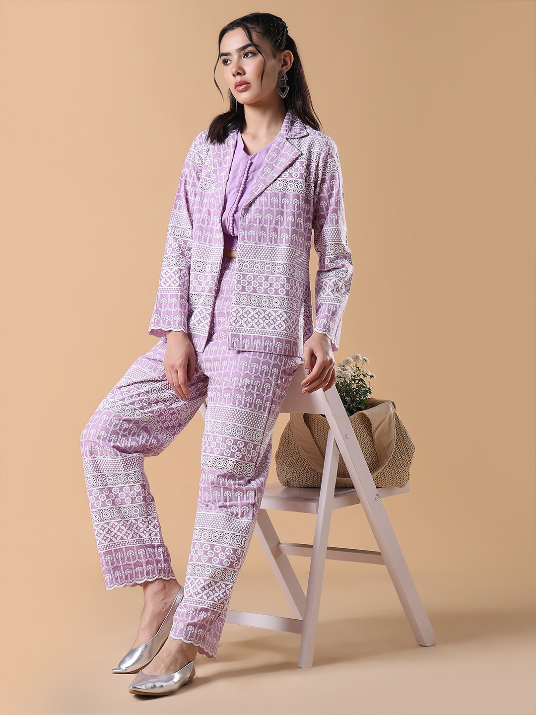 

SHOWOFF Embroidered Shirt Collar Crop Top With Trouser & Blazer, Lavender