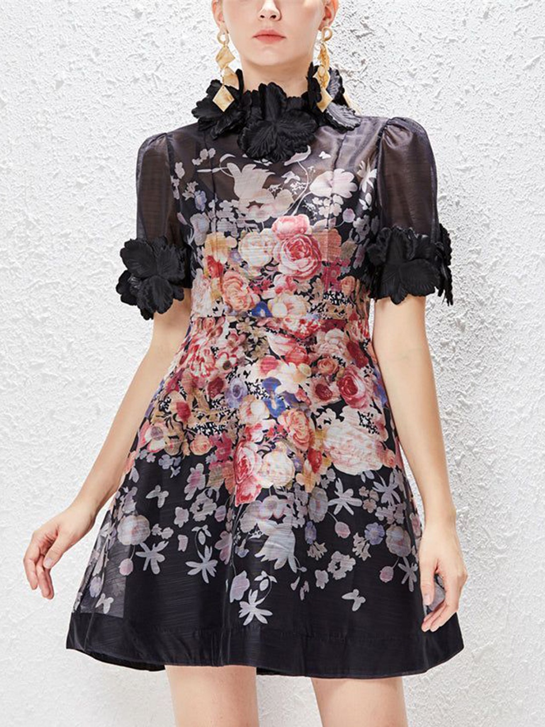 

PANKH Floral Print Puff Sleeve Chiffon A-Line Dress, Black