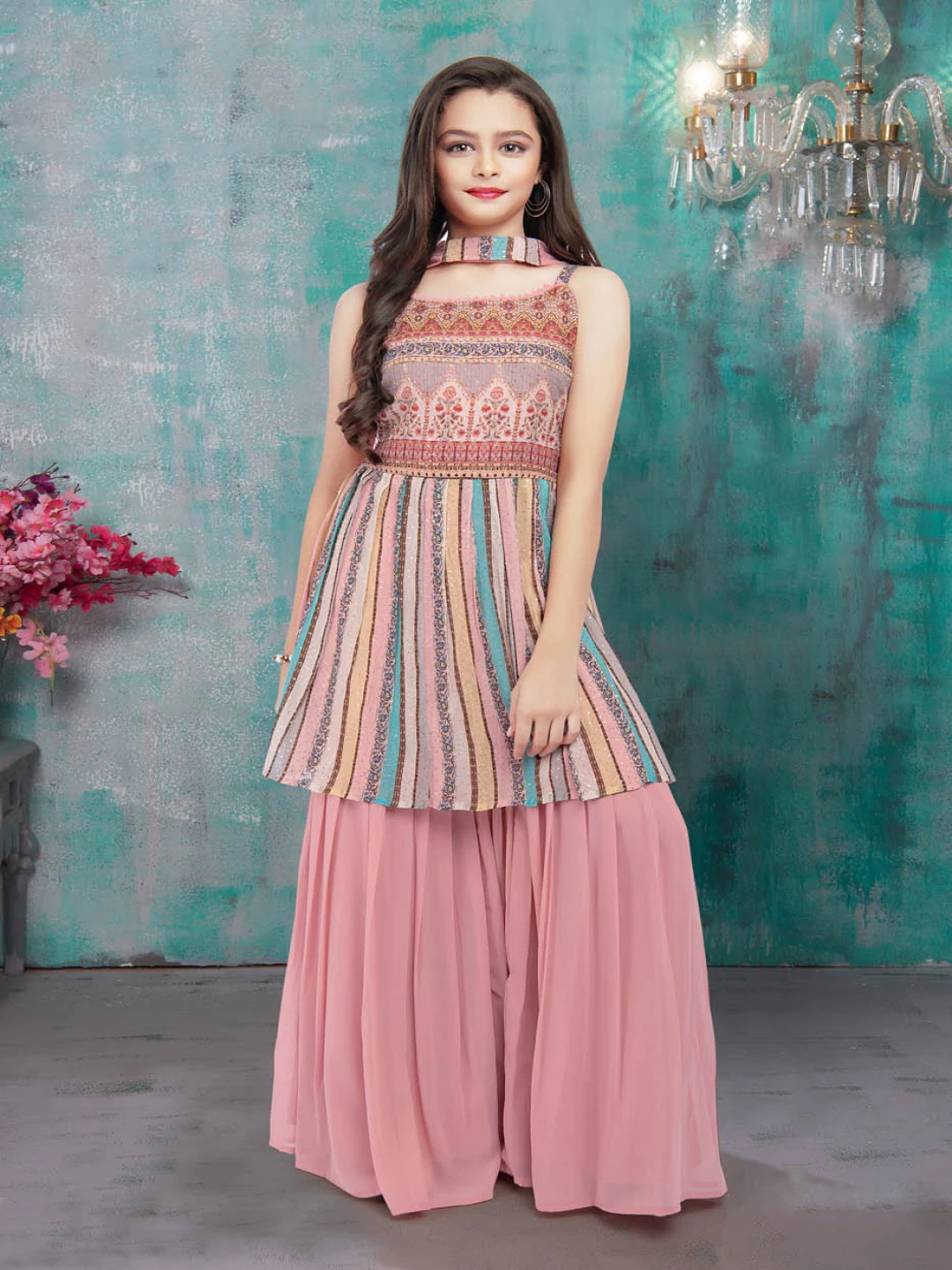 

Wommaniya Impex Girls Printed Empire Sequinned Kurta with Sharara & With Dupatta, Pink