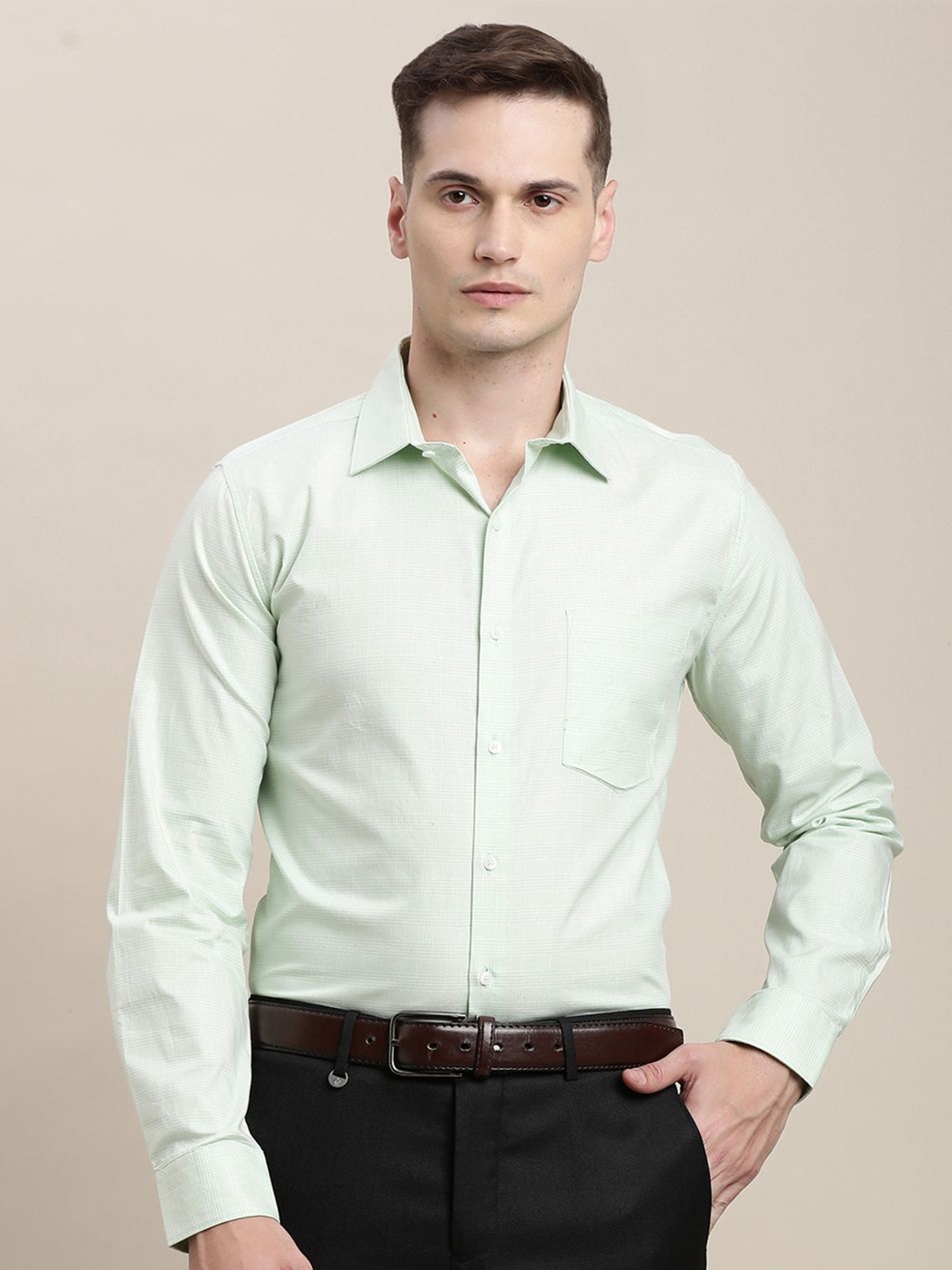 

Turtle Men Standard Slim Fit Opaque Checked Formal Shirt, Green