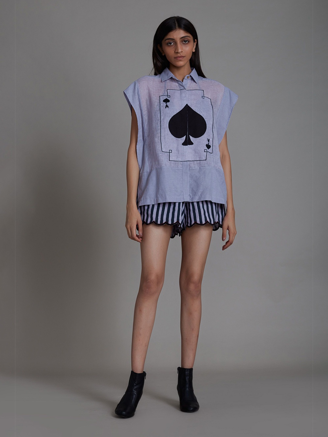 

MATI Printed Shirt Collar Linen Shirt With Shorts, Lavender