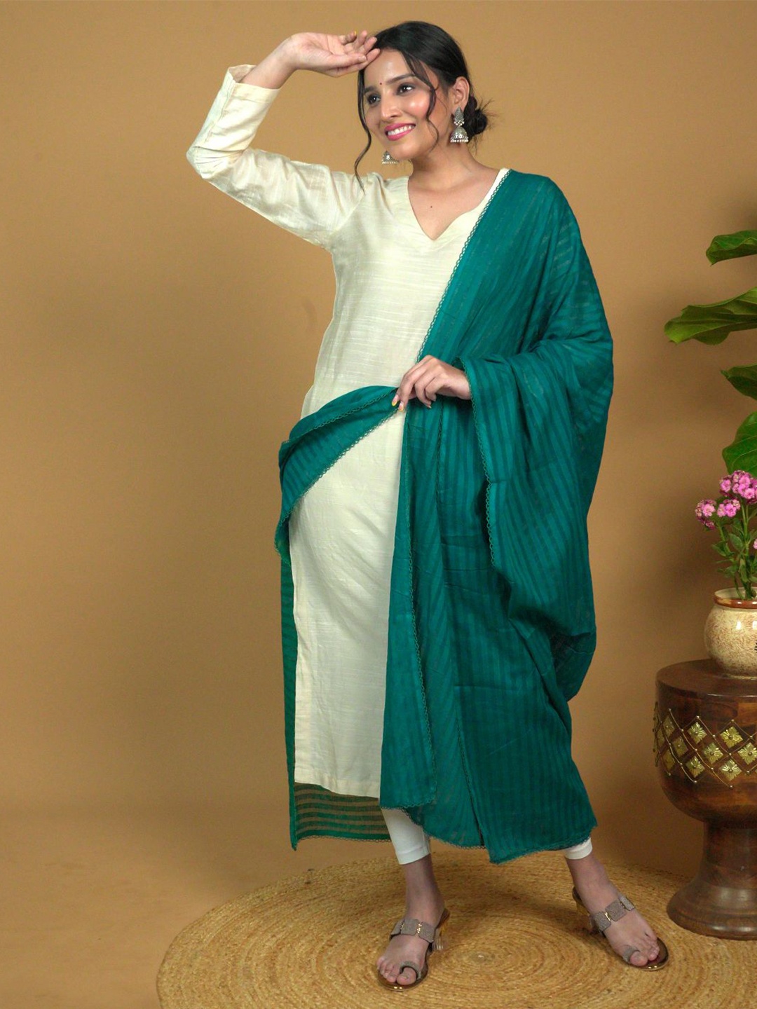 

HELLA FASHIONS Striped Printed Cotton Dupatta, Teal