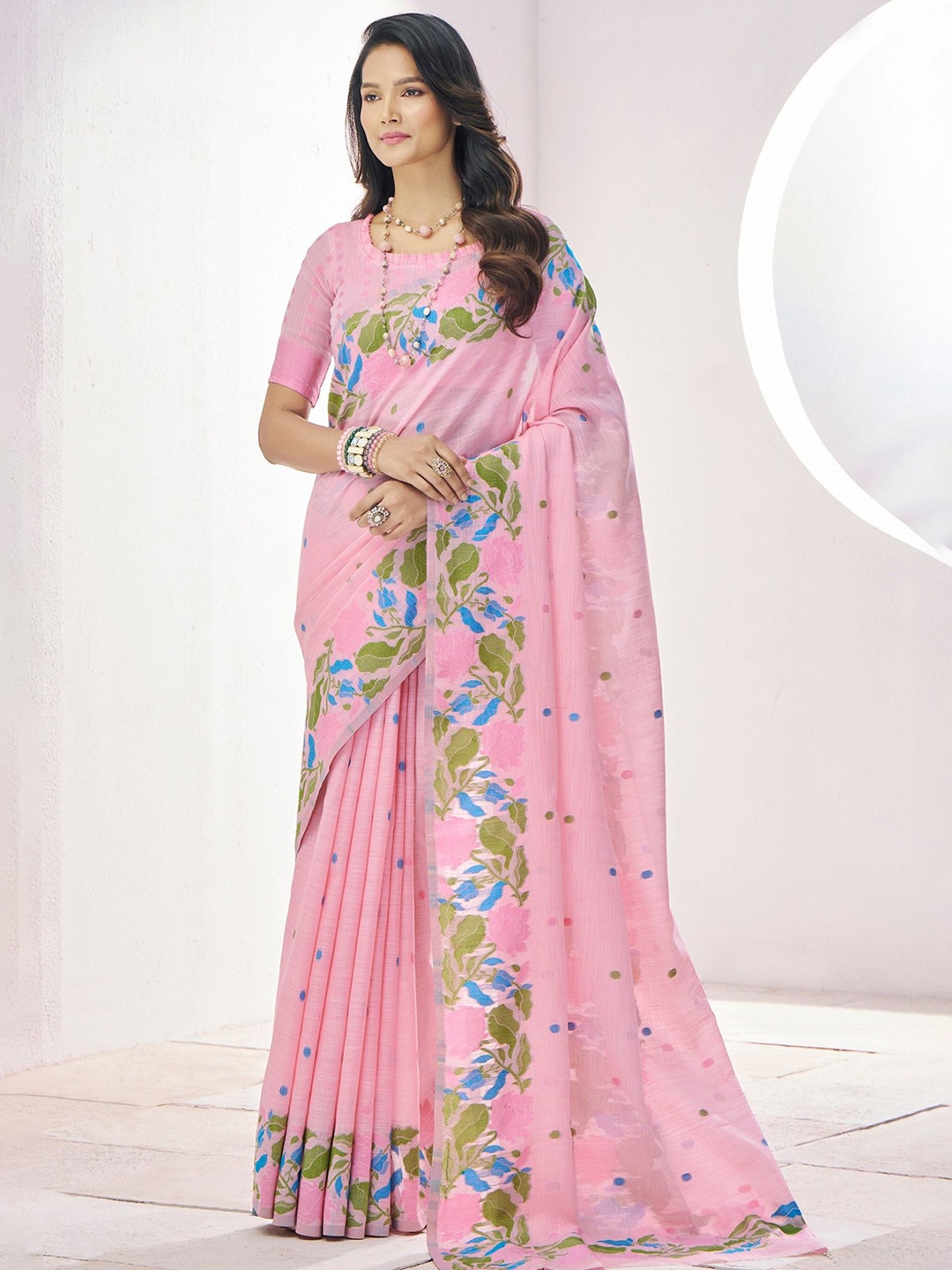

MySilkLove Women's Floral Carissma Pink Woven Linen Saree