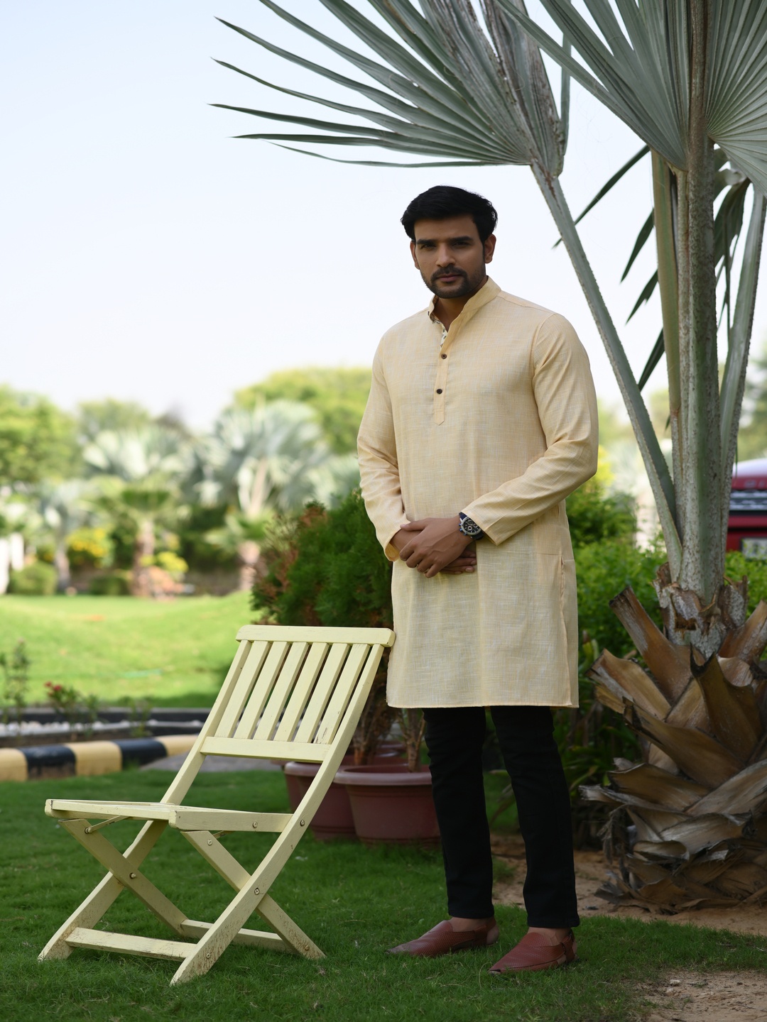 

Style Matters Band Collar Long Sleeves Pure Cotton Straight Kurta, Yellow