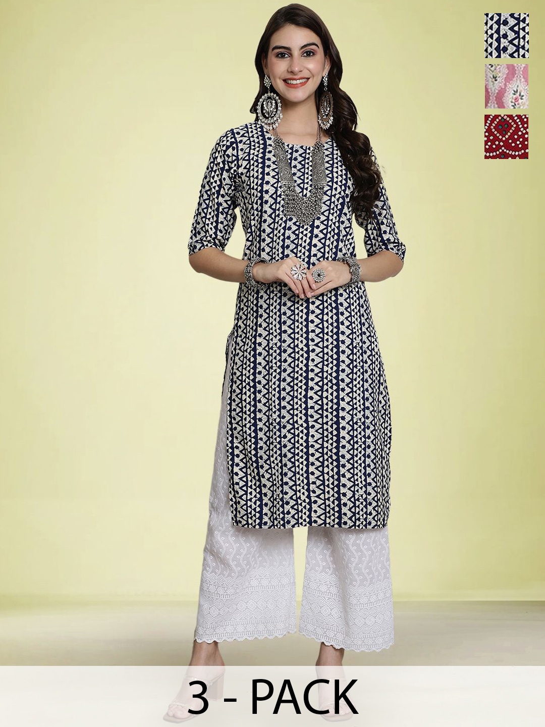 

Moda Rapido Selection Of 3 Floral Printed Round Neck Straight Kurtas, Pink