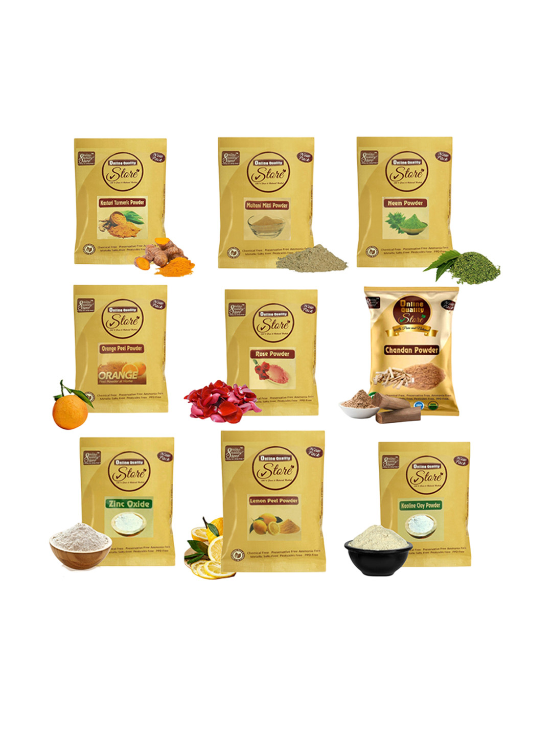

Online Quality Store Set Of 9 Pure And Natural Mask Powder - 50 g Each, Yellow