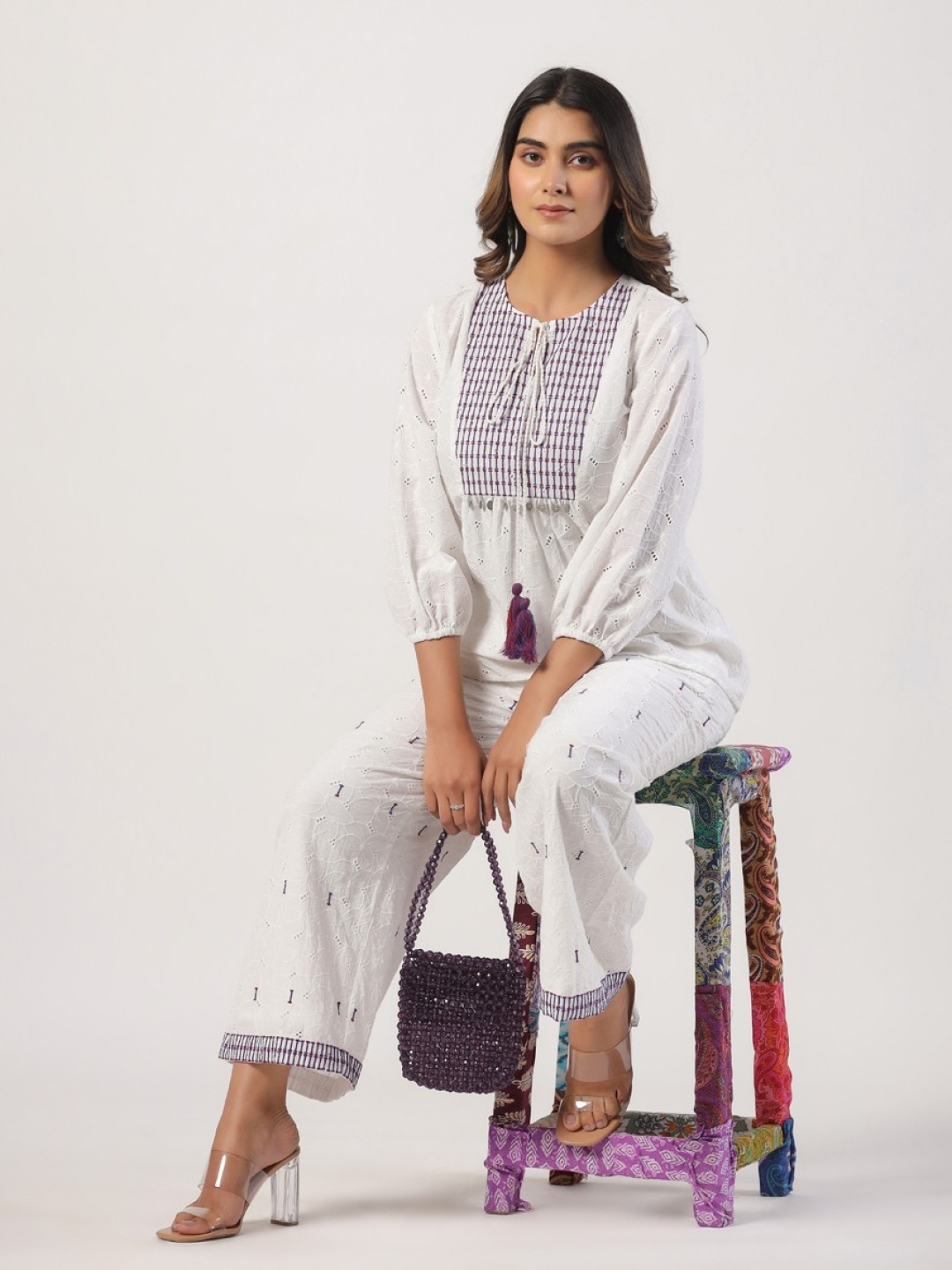 

STIL O STITCH Printed Tie-Up Neck Tunic & Palazzos, White