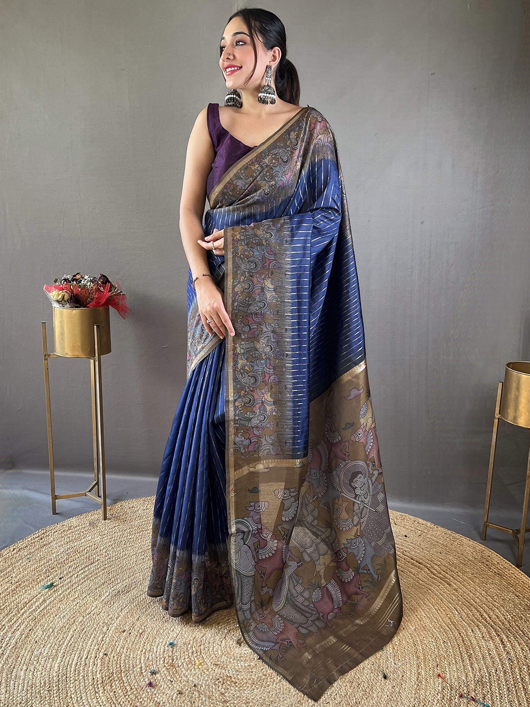 

DEVATITHI navy Chanderi Saree, Navy blue