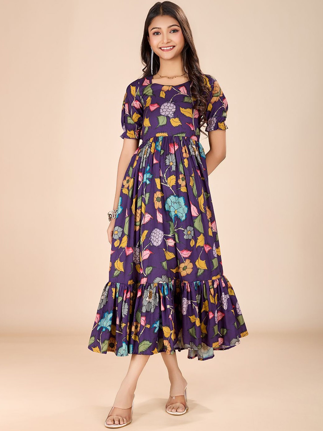 

Tasarika Girls Floral Printed A-Line Ethnic Dress, Purple
