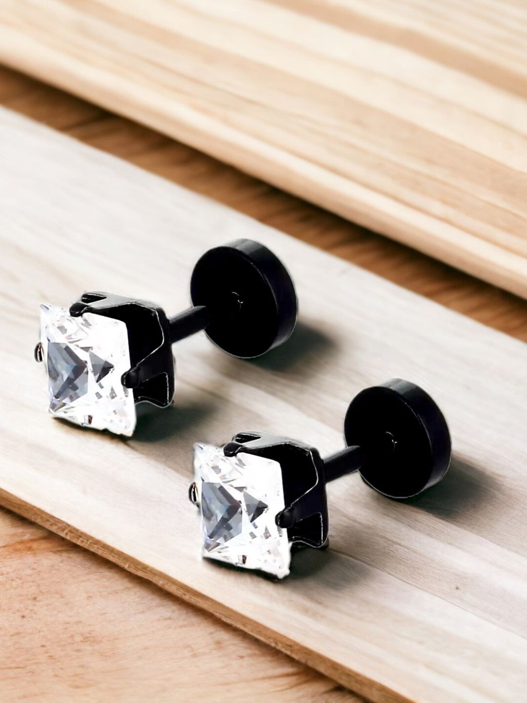 

The Roadster Lifestyle Co. Men Stainless Steel Cubic Zirconia Square Studs, Black