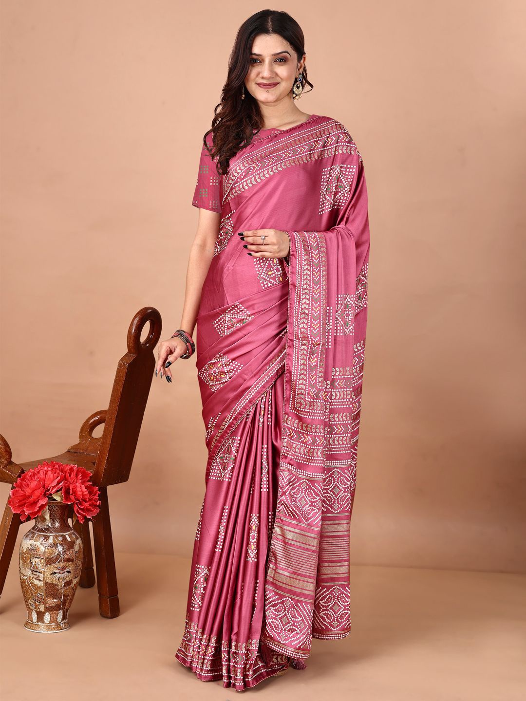 

DIVASTRI Bandhani Poly Crepe Bandhani Saree, Pink