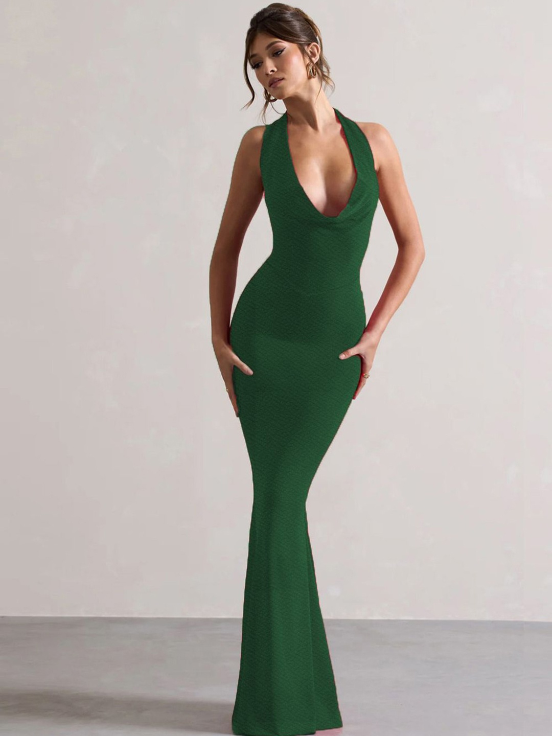 

CLAFOUTIS Cowl Neck Crepe Bodycon Maxi Dress, Green