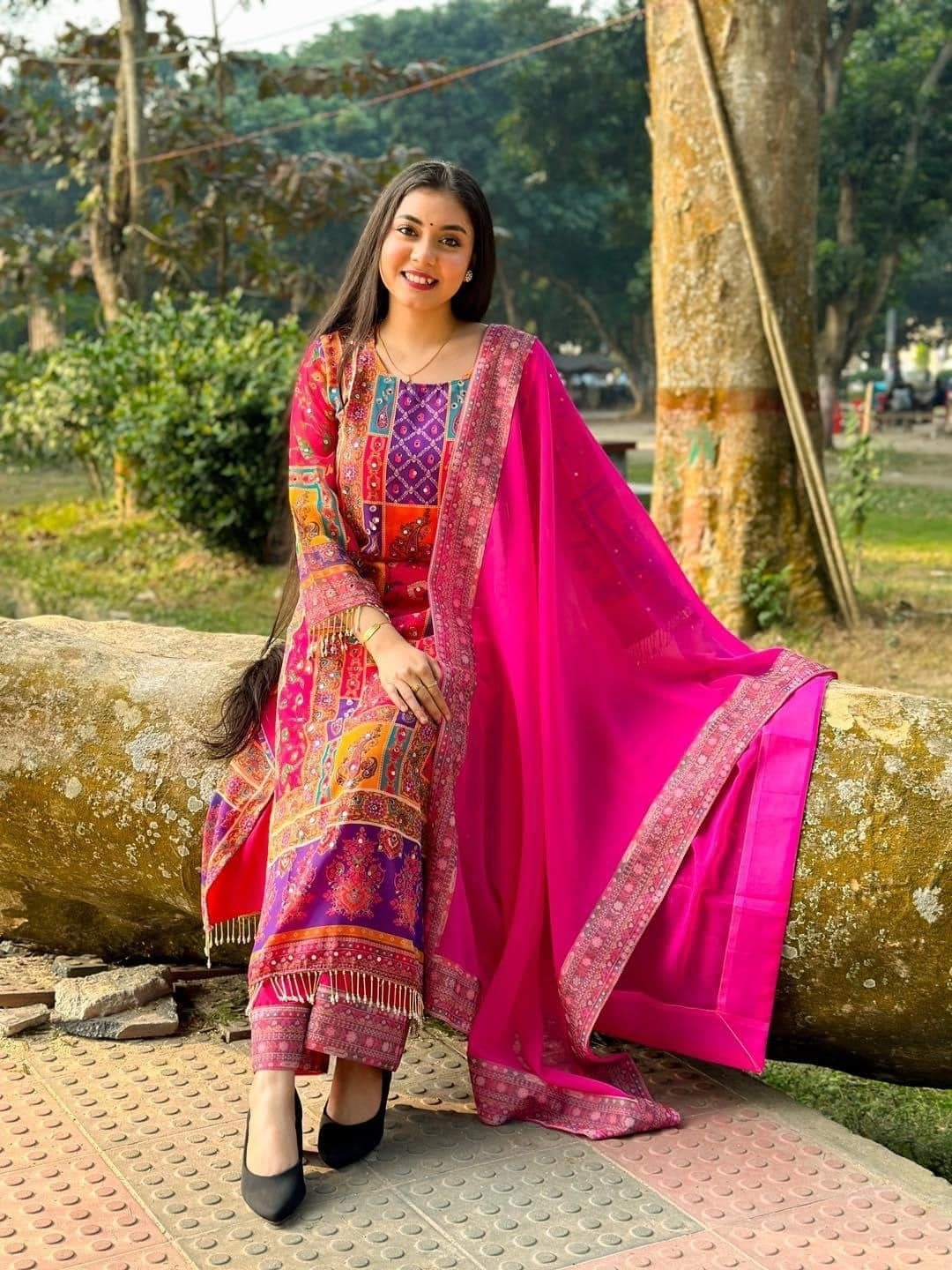 

NKV Ethnic Motifs Printed Round Neck Mirror Work Straight Kurta With Palazzo & Dupatta, Red