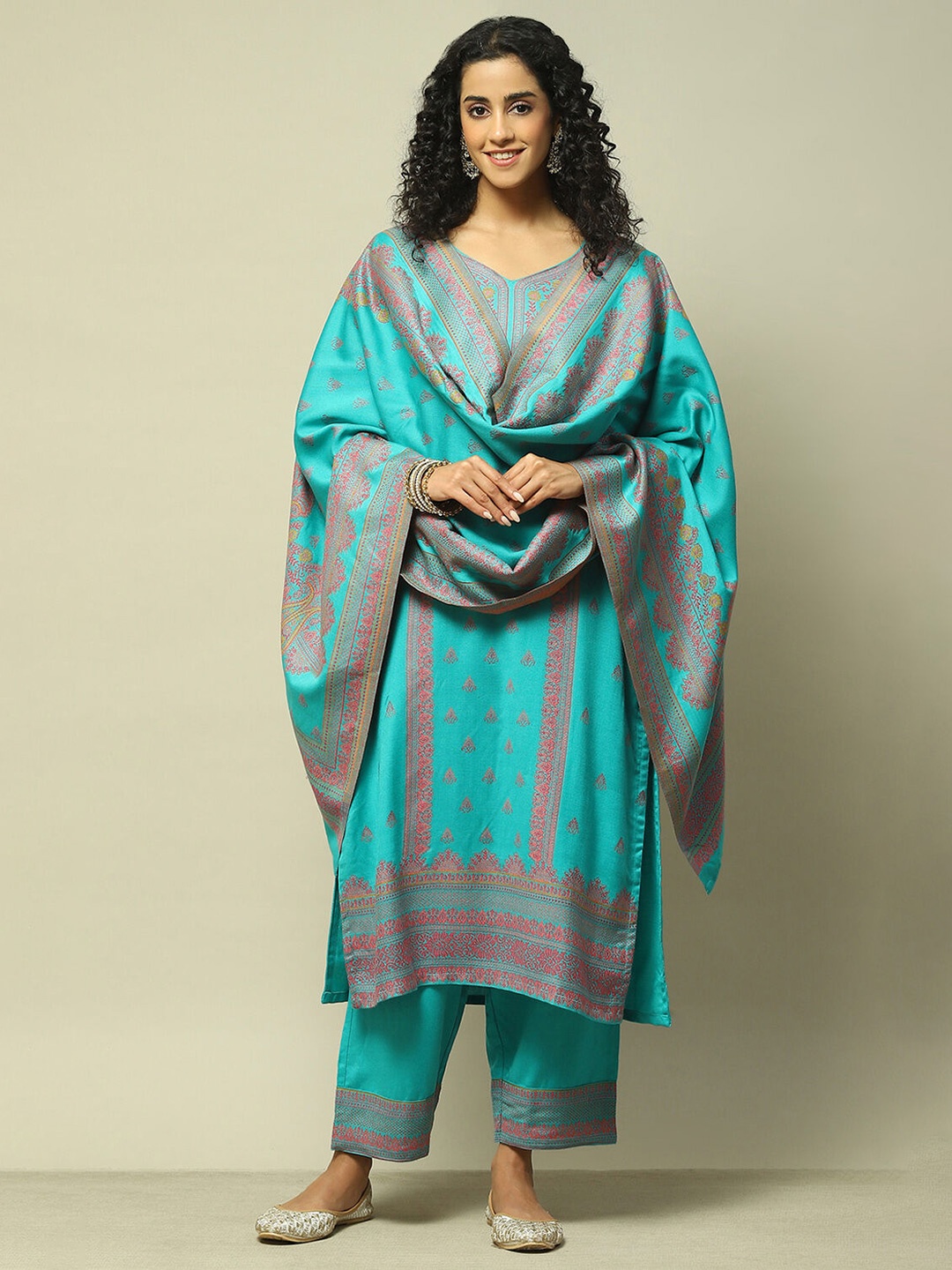

Rangriti Women Embroidered Regular Thread Work Kurta with Palazzos & With Dupatta, Teal