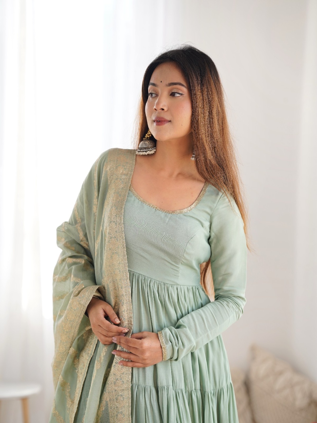 

Yara Creation Women Yoke Design Layered Chanderi Silk Kurta with Trousers & With Dupatta, Sea green