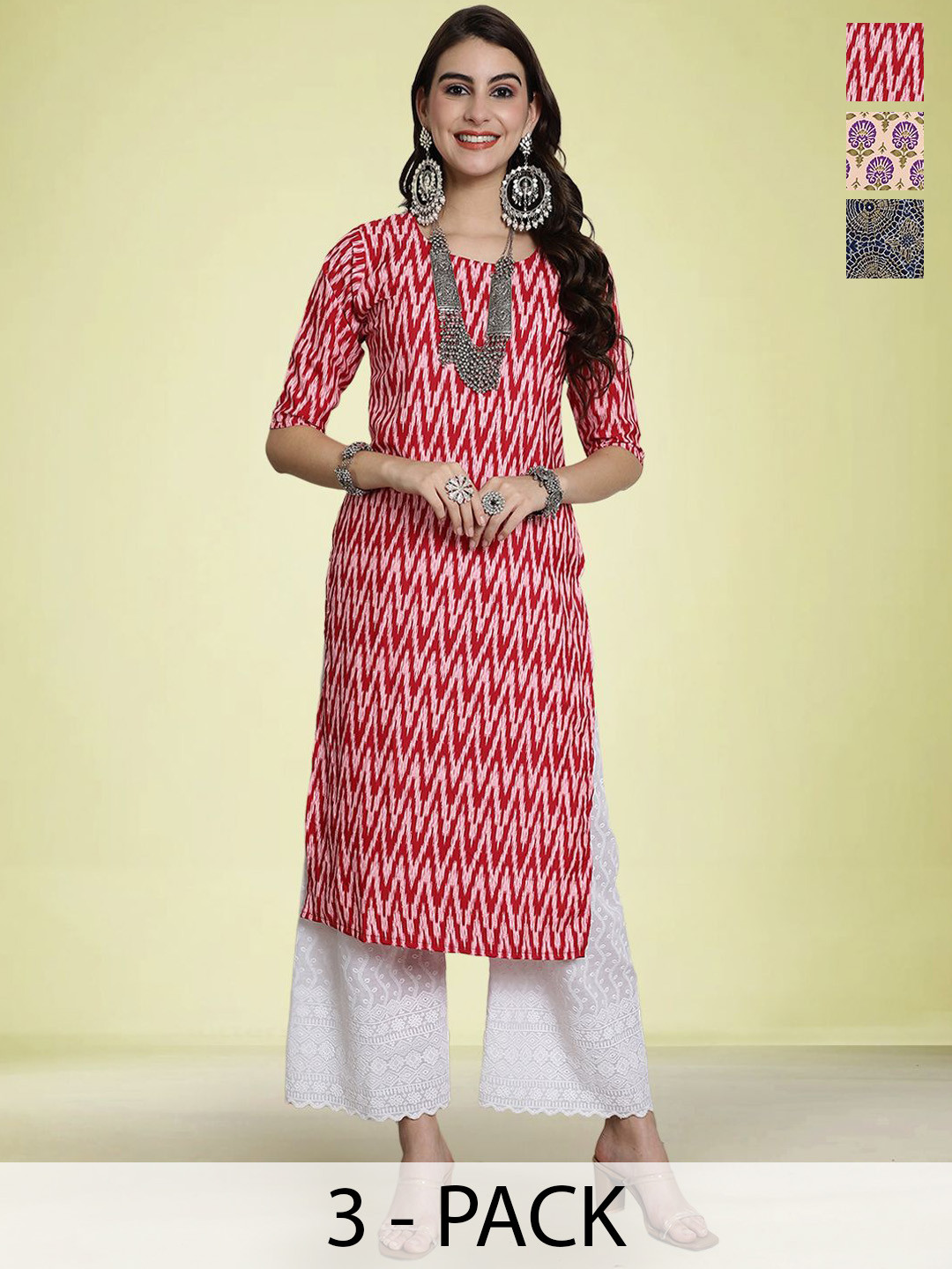 

Moda Rapido Selection Of 3 Chevron Printed Round Neck Straight Kurtas, Red