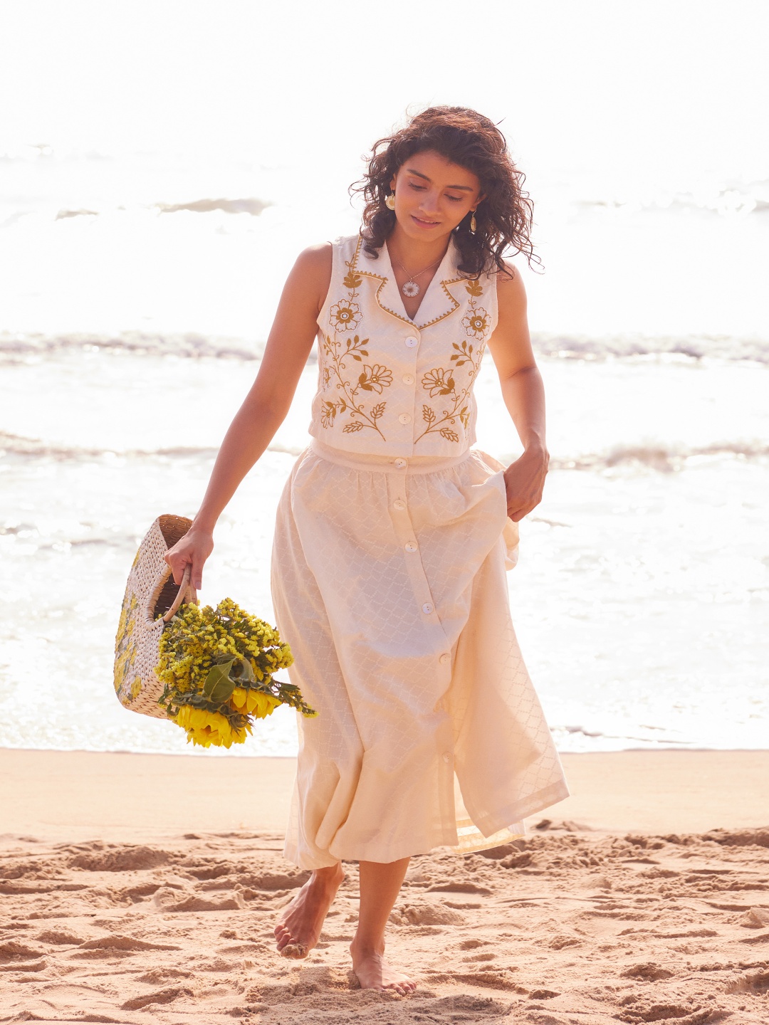 

Global Desi Floral Embroidered Pure Cotton Crop Top With Skirt Co-Ords, Off white