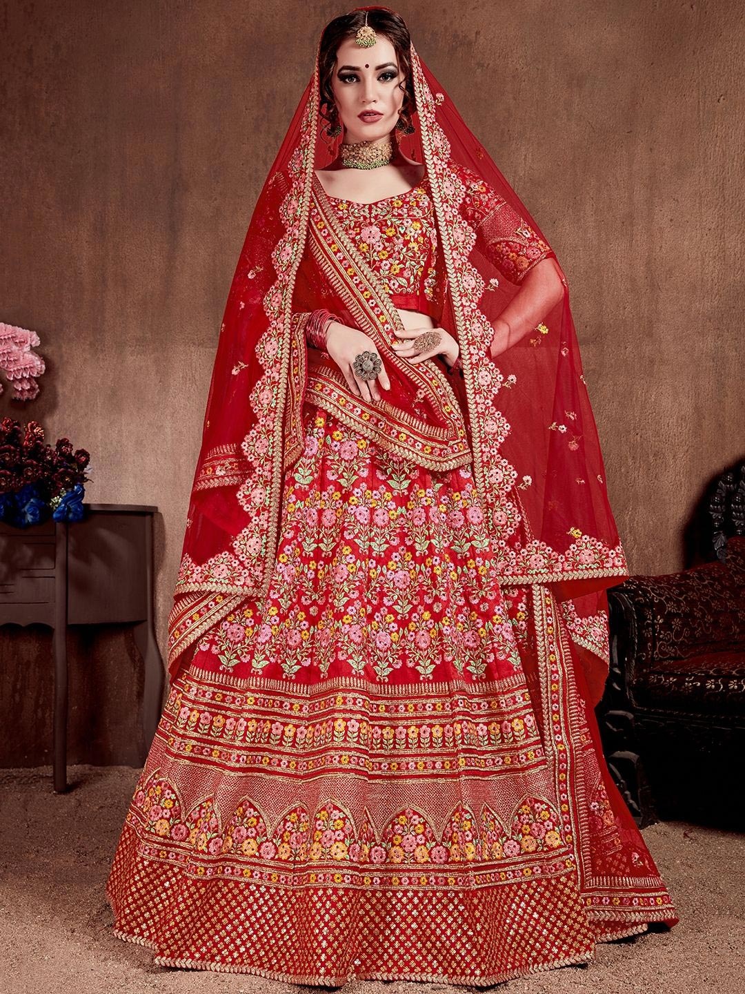 

DIVASTRI Embroidered Sequinned Semi-Stitched Lehenga & Unstitched Blouse With Dupatta, Red