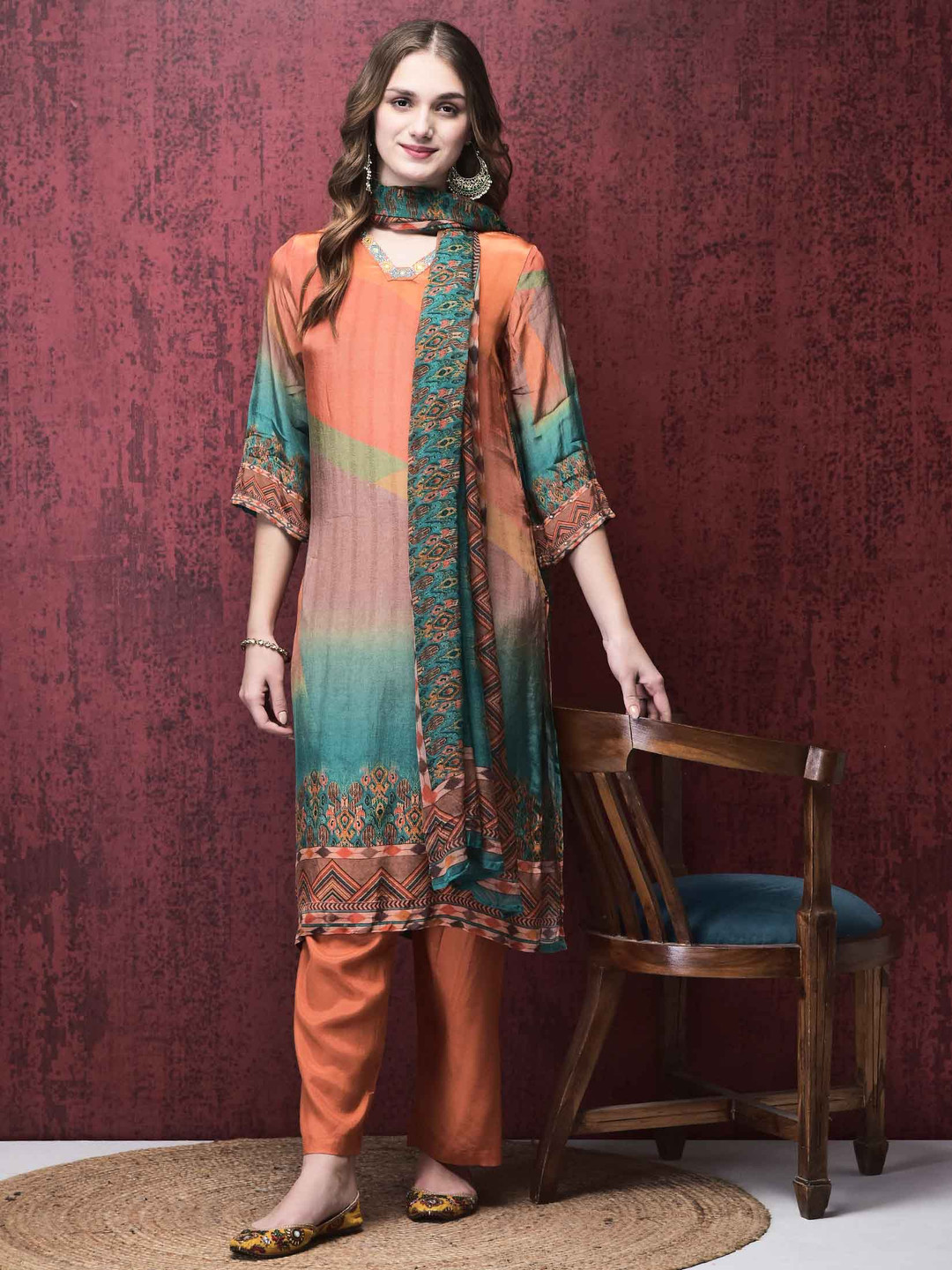 

Shree Women Ethnic Motifs Printed Regular Kurta with Trousers & With Dupatta, Rust