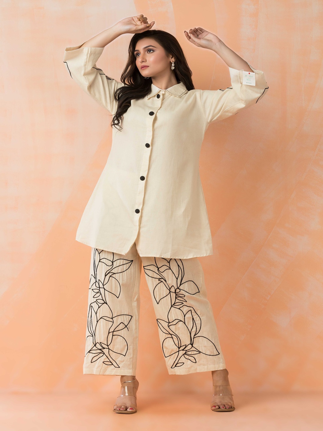 

Sacred Suta Floral Embroidered Shirt Collar Pure Cotton Tunic With Trousers, Cream