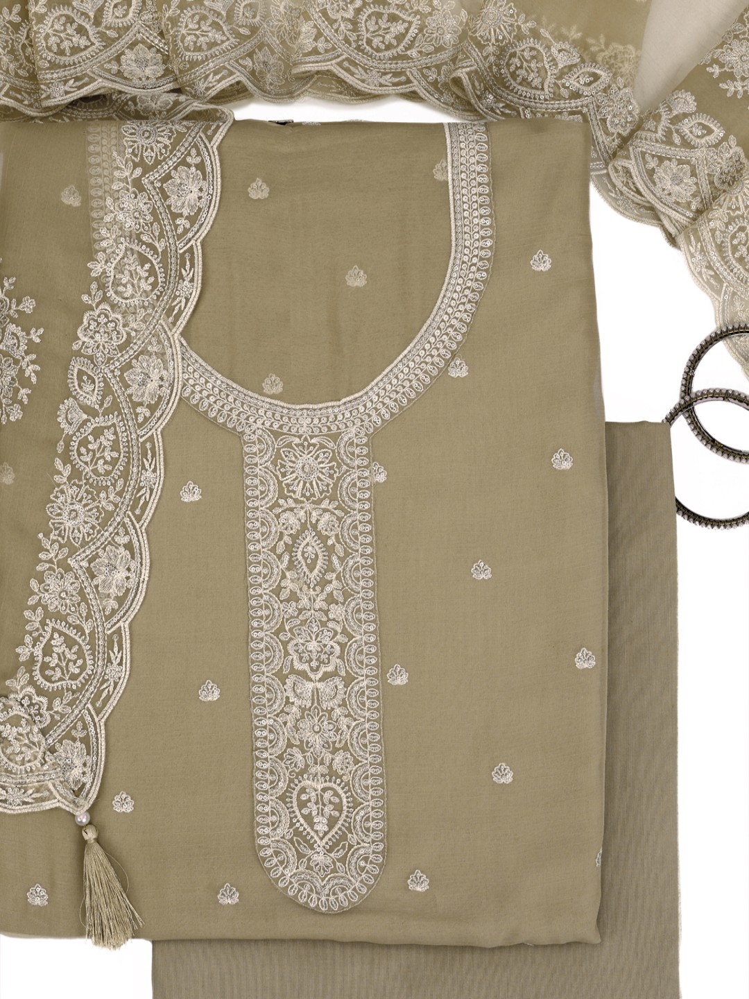 

KULEESH Floral Embroidered Sequinned Silk Chiffon Unstitched Dress Material, Mustard