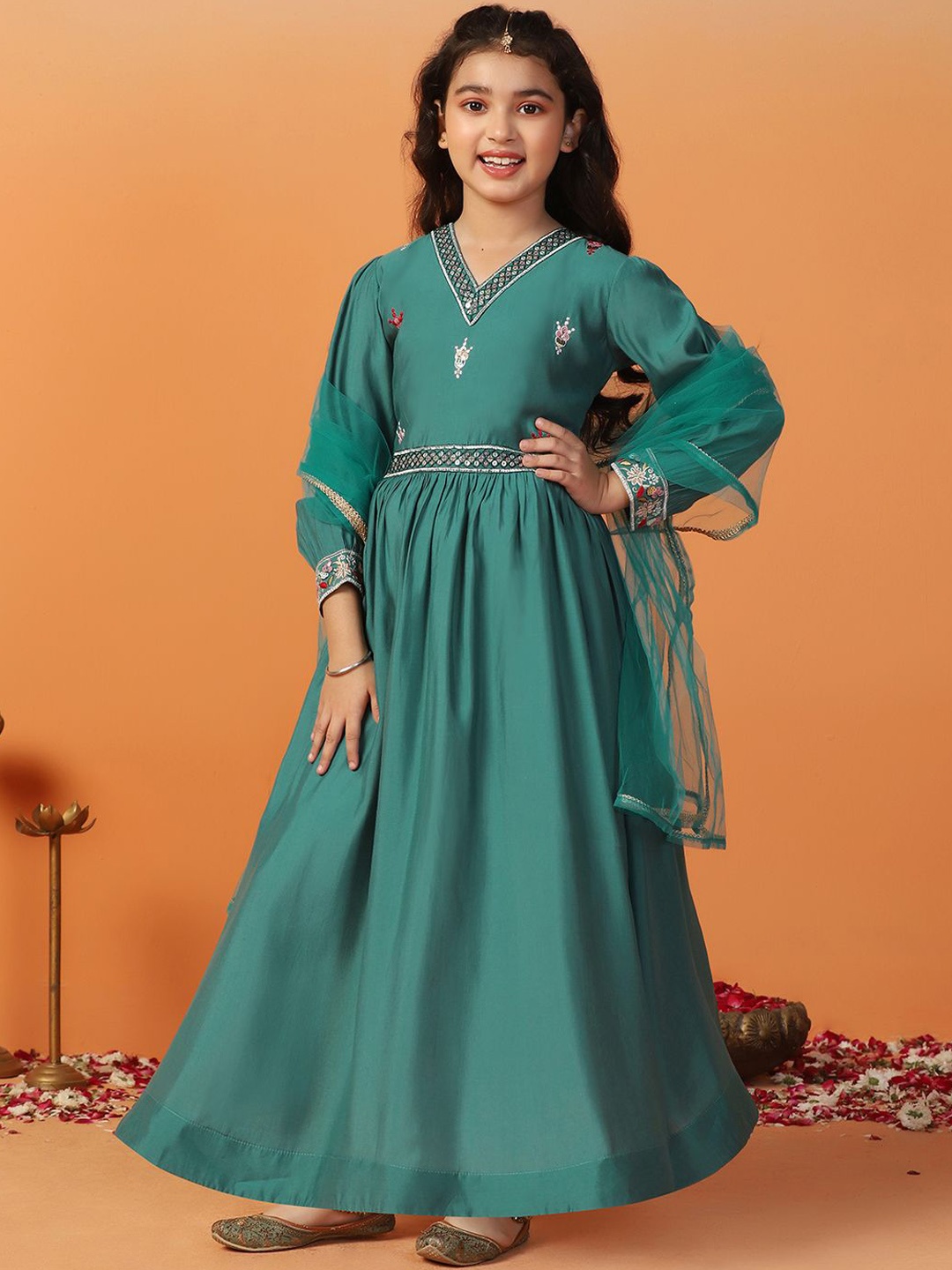

BAESD Girls Embroidered Fit & Flare Maxi Ethnic Dress With Dupatta, Teal