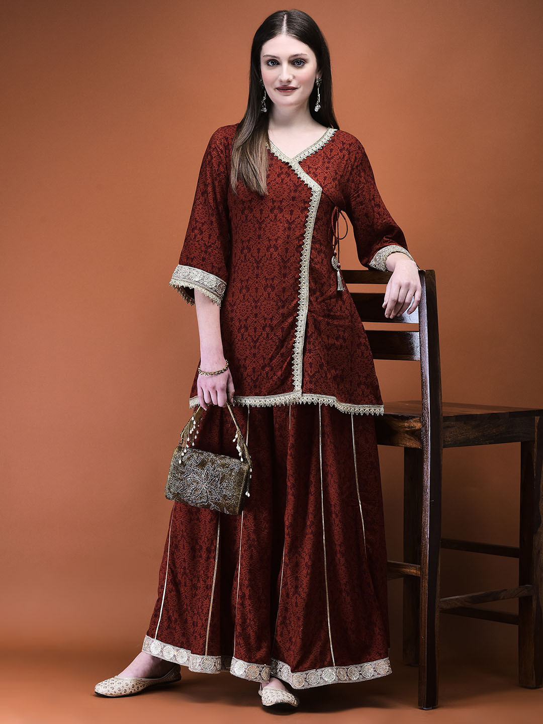 

Shree Women Floral Printed Angrakha Liva Kurti with Palazzos, Rust