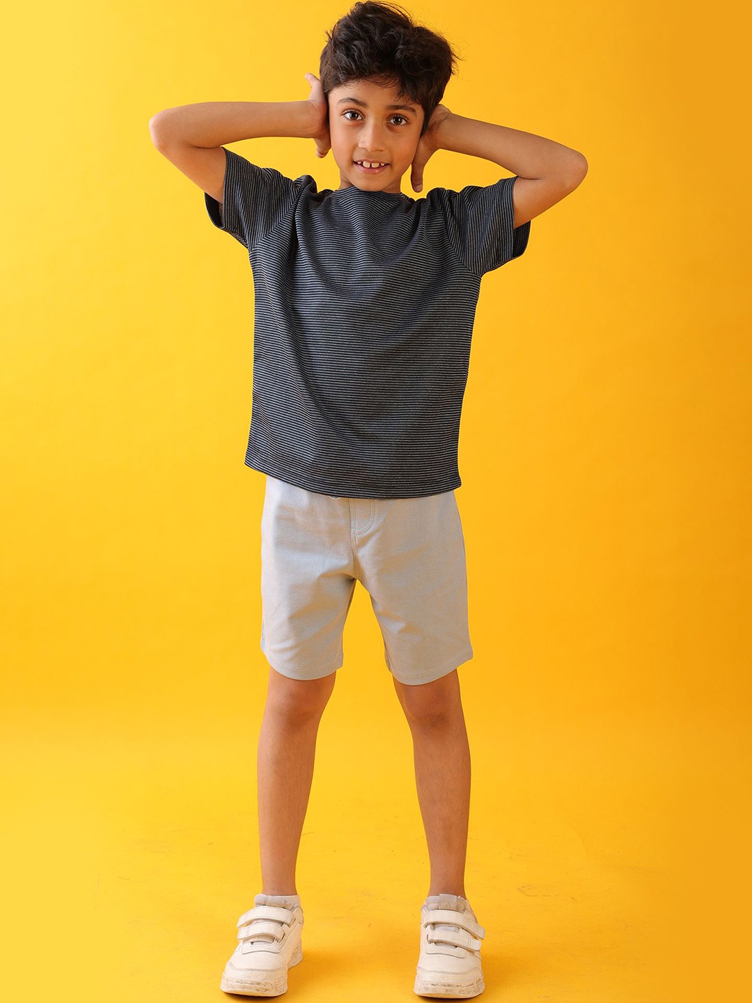 

Anthrilo Boys Striped Round Neck Pure Cotton T-shirt With Shorts, Navy blue