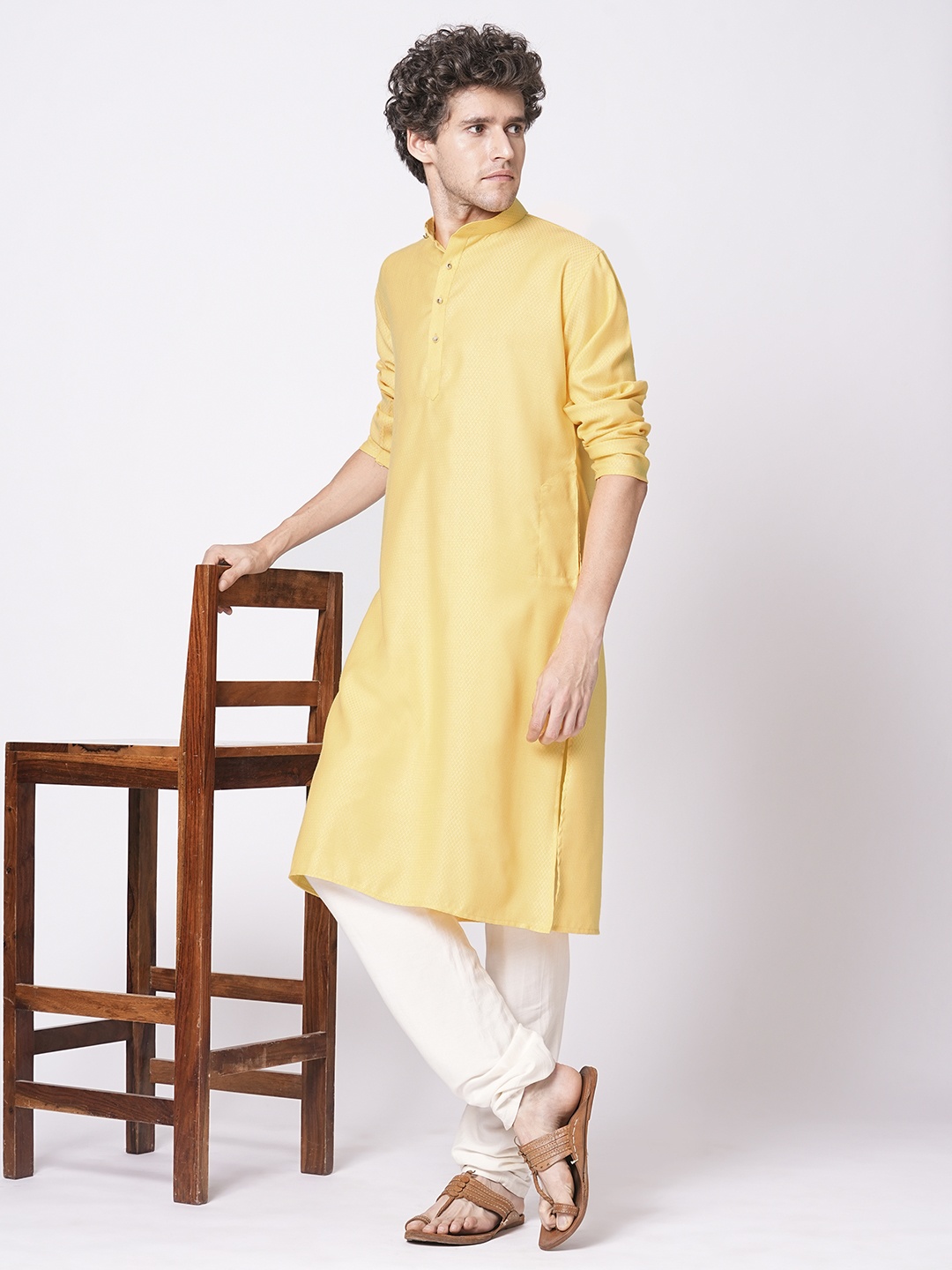 

TRYBUY.IN Men Geometric Woven Design Dobby Cotton Straight Kurta, Yellow