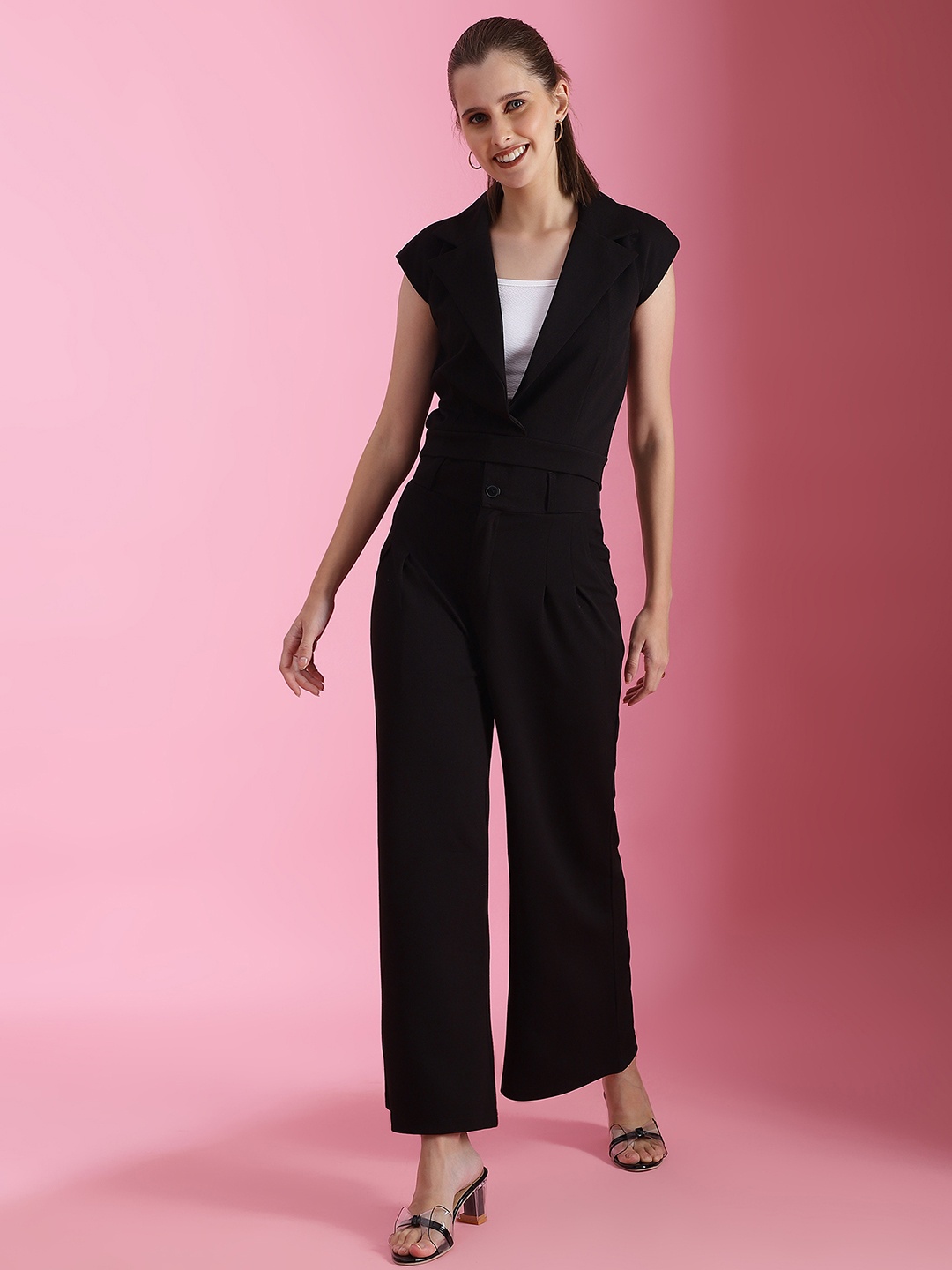 

Moda Rapido ;Lapel Collar Top With Trouser, Black