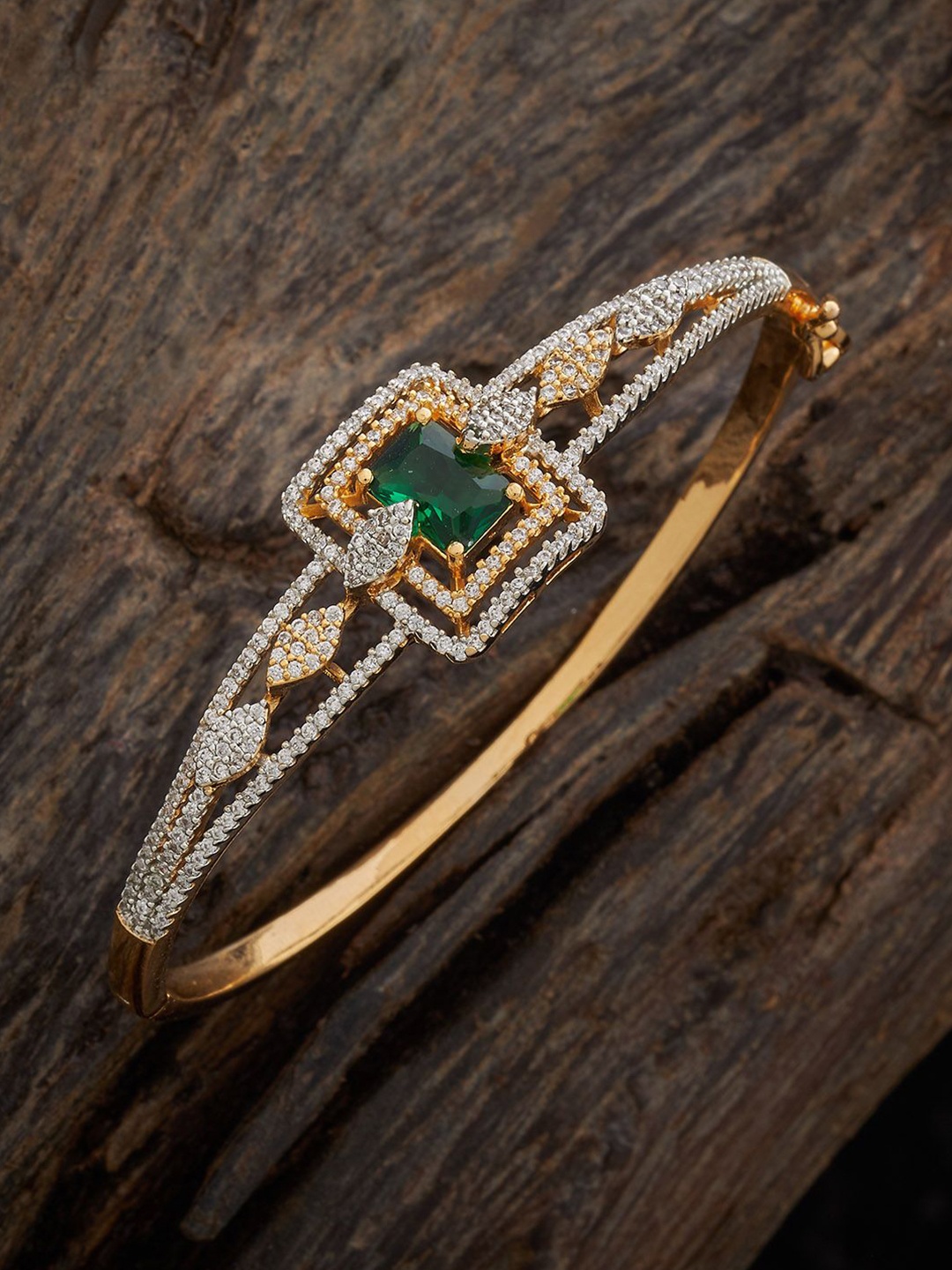 

Kushal's Fashion Jewellery Rhodium Gold-Plated Zircon Stone-Studded Kada Bangle