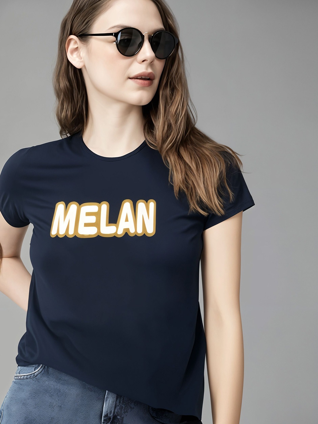 

DressBerry Women Printed Applique T-shirt, Navy blue