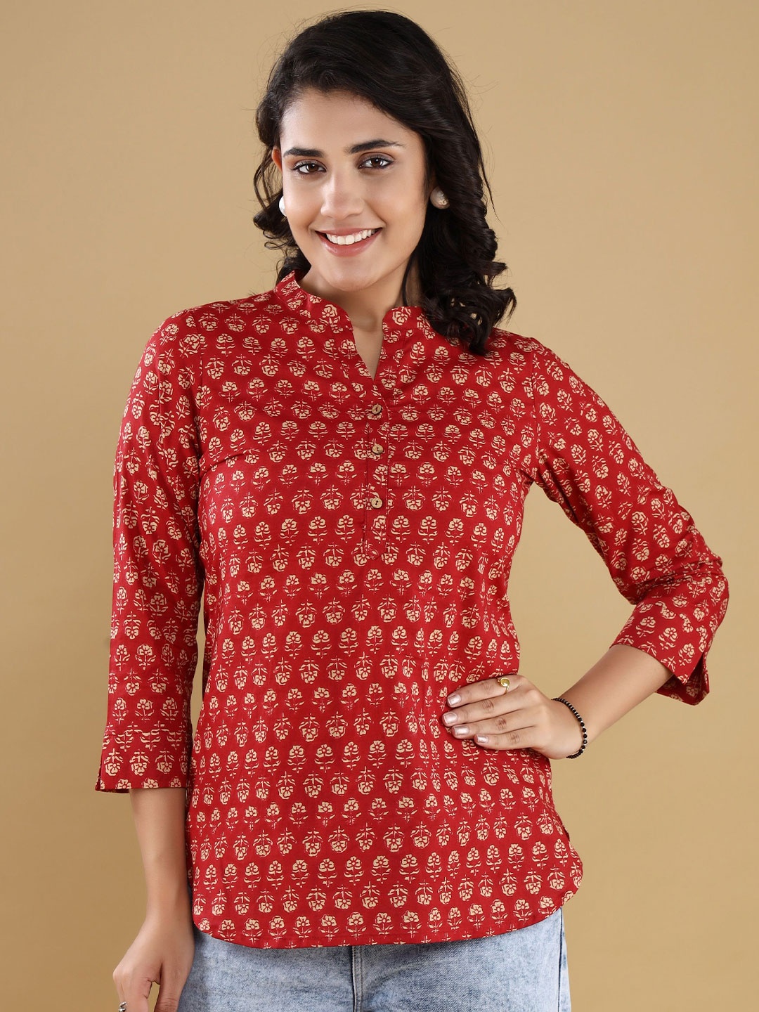 

Chandbaali Floral Print Mandarin Collar Cotton Top, Maroon