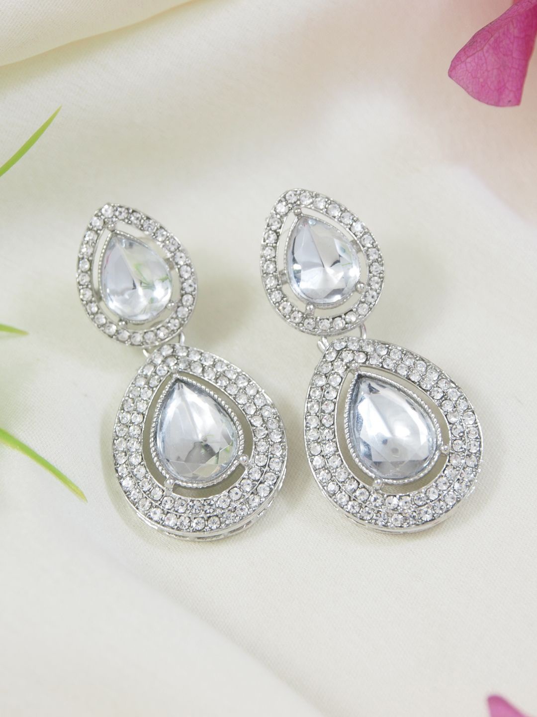 

I Jewels Silver-Plated Artificial Stones Studded Teardrop Shaped Drop Earrings