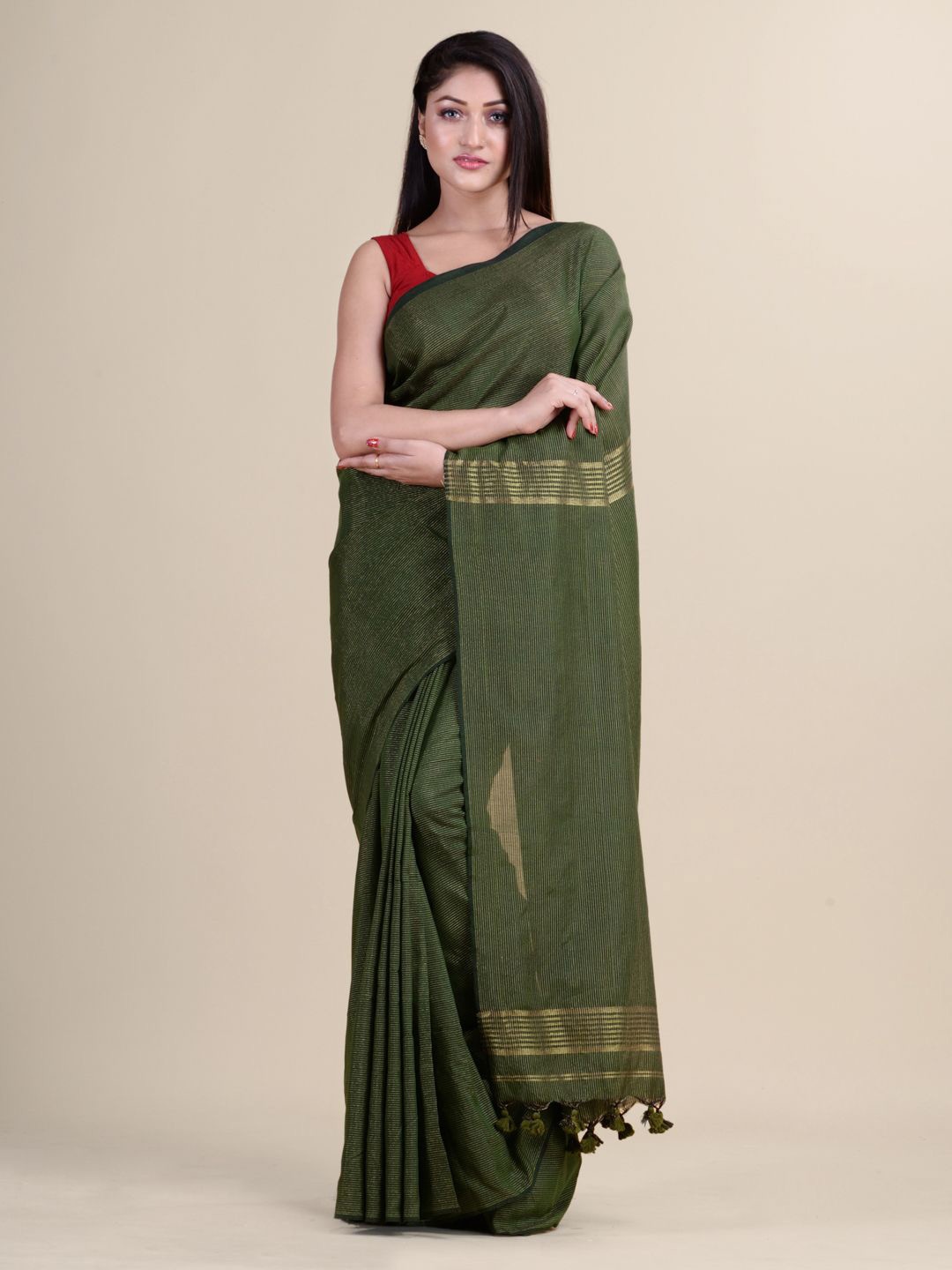 

Laa Calcutta Striped Silk Blend Saree, Green