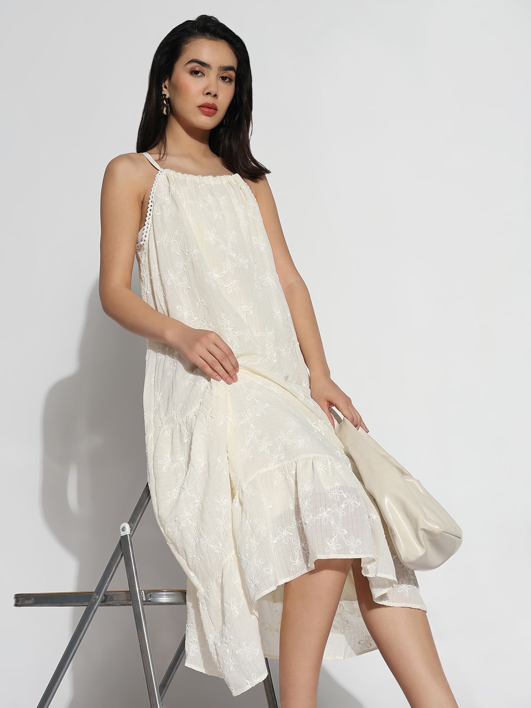 

SHOWOFF Embroidered A-Line Midi Dress, Cream